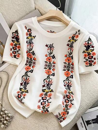 Franclia Women's Elegant Round Neck Printed T-Shirt, Versatile Spring/Summer Top