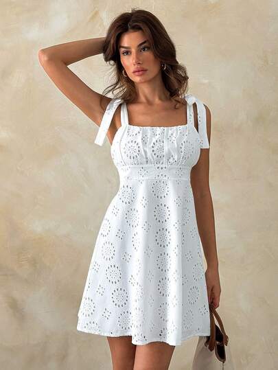 SHEIN Women's White Broderie Anglaise Short Dress Featuring Tie-Up Ribbon Shoulder Straps, Ruched Bust, And A-Line Eyelet Lace Skirt, Vacation Cotton Dresses