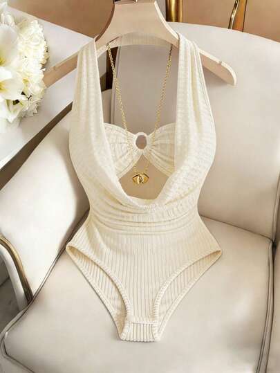 Elenzga French Cream Textured Striped Summer Sweet & Spicy Bralette Style Spaghetti Strap Backless Bodysuit, Comfortable For Beach Vacation