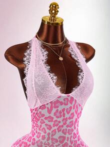 Amplova Women's Fashion Sexy Lace Patchwork Leopard Print Backless Bodycon Mini Dress - Pink - View 5