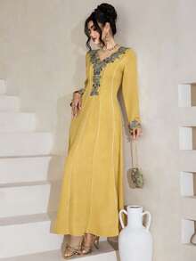 Al Najma Embroidered Lace Patchwork Elegant Modest Long Sleeve Dress - Yellow - View 5