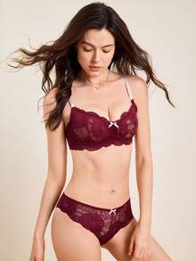 Hourtrue 蕾丝性感女士文胸内裤套装，钢圈柔软舒适内衣套装 - 酒紅色 - 查看 8