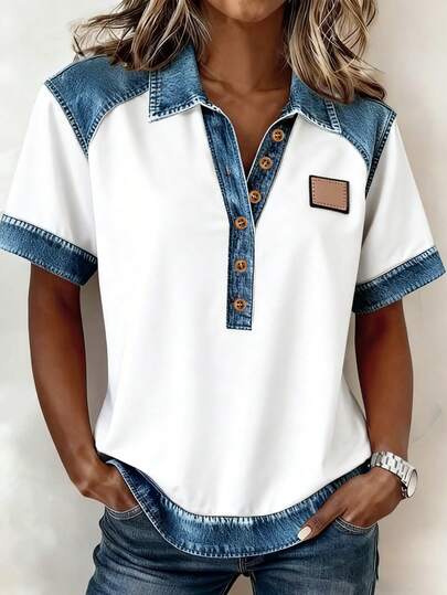 EMERY ROSE Women's Patchwork Color Block Casual Versatile Daily Wear Short Sleeve T-Shirt