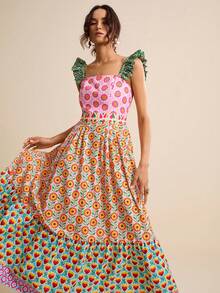 LOTSLUV 女士彩色拼接撞色印花无袖A字连衣裙，方领设计，春夏款，女式连衣裙，长款连衣裙，夏季女装，夏季连衣裙，节日连衣裙，度假连衣裙，碎花连衣裙，复活节女装，碎花连衣裙，夏季长款连衣裙，彩色连衣裙，多色连衣裙，长款吊带裙，嬉皮风连衣裙，春季长款连衣裙，嘉年华连衣裙，夏季长款连衣裙，女士夏季连衣裙，波西米亚风连衣裙，女士春季连衣裙，女士野餐连衣裙，嬉皮风连衣裙 - 彩色 - 查看 4
