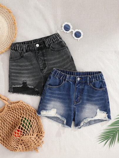 2pcs Tween Girls Denim Shorts, Summer Bestseller, Light Blue Denim & Black Denim, Y2K Collegiate Style, Casual Street Fashion, Loose Straight Leg, Comfortable Cotton Denim, Floral Decor Distressed Design, Suitable For Daily Wear, School, Commute, Party, Back To School New Arrival
