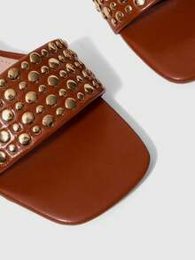 Sleekvia Women's Summer New One-Strap Rivet Square Toe Thin Heel High Heel Open Toe Commuting Chic Sexy Elegant Leather High Heel Sandals - Brown - View 4