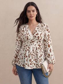 Juhart Áo sơ mi peplum tay dài cổ chữ V in họa tiết toàn thân cỡ lớn - Màu be - Xem 9