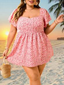 SHEIN CURVE+ Curve 尺码 US22 音乐节、海滨度假、波西米亚风女士度假船领短袖宽松衬衫，粉色碎花船领短袖衬衫 - 彩色 - 查看 9