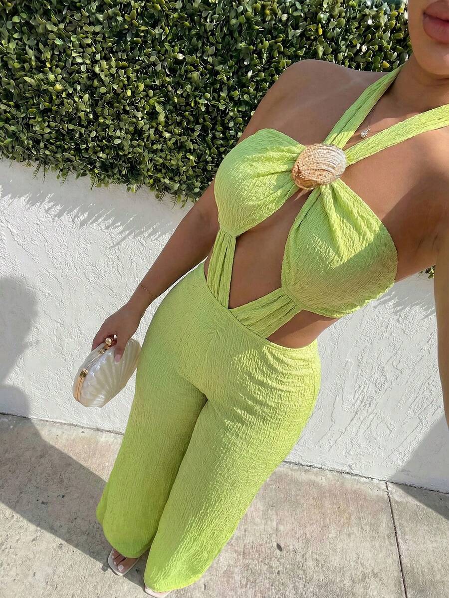 SHEIN SXY Mono de verano casual sin espalda con cuello halter para mujer - Negro - Ver 1