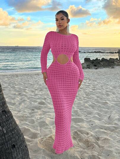 SHEIN SXY Plus Size Women's Beachwear See-Through Apricot Long Beach Sexy Dress,Suitable For Summer, Date Night,Birthday,Bachelorette Party Outfit ,Casual,Shopping, Streetwear,Going Out,Vacation,Beach, ,Easy To Match&Looks Slim,Flatter The Figure Pink Curve Dress Hot Pink Curve Dress Hot Pink Knit Dress Hollow Out Dress Pink Long Sleeve Dress