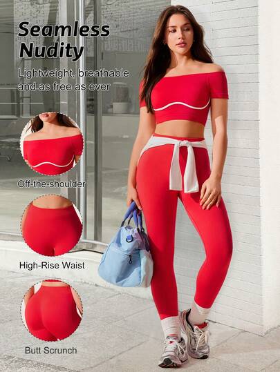 SHEIN Core Rhythm Red Off-Shoulder Sports T-Shirt, Fashionable Streetwear, Comfortable Yoga Fitness Short Sleeve Tight Seamless Backless Top