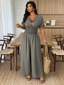 SHEIN LUNE Plus Size Women's Shirred Batwing Sleeve Jumpsuit With Buckle Waist Closure, Casual - Army Green - View 3