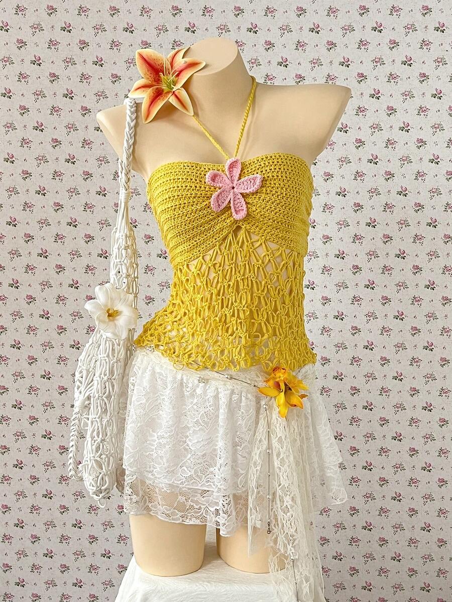 SuriyaCove Women's Floral Pattern Hollow Out Casual Versatile Daily Wear Knit Top - Yellow - View 1