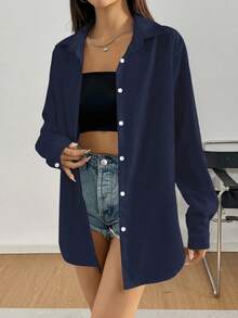 Chiquease Camisa Casual de Manga Longa com Botões na Frente e Cor Sólida para Mulheres - Azul Marinho - Visão 6