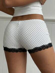 CovetEZ 休闲简约弹力腰带蕾丝黑白波点蝴蝶结印花短裤，适合居家、海滩、乡村野餐、派对、甜美休闲装、海滩度假波点性感短裤，女士平角热裤，女士提臀短裤，蕾丝边短裤，女士夏季波点短裤 - 彩色 - 查看 2