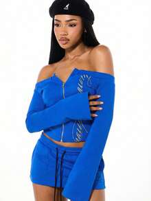 SUMWON WOMEN Off Shoulder Zip Through Hoodie With Flared Sleeves And Blue And Gold Script Print Night Out Autumn Streetwear - Blue - View 6