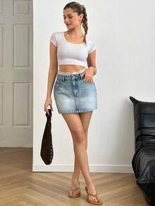 SHEIN 女士中度水洗低腰牛仔裙 休闲风格 - 中等水洗藍 - 查看 4