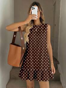 Easowa Women's Summer Casual Brown And White Polka Dot Tea Party Mini Dress,Bohemian Elegant Retro Print Pattern,Suitable For Beach Vacation Outfits - Multicolor - View 5