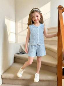 女童提花背心和短裤套装 - 藍色 - 查看 8