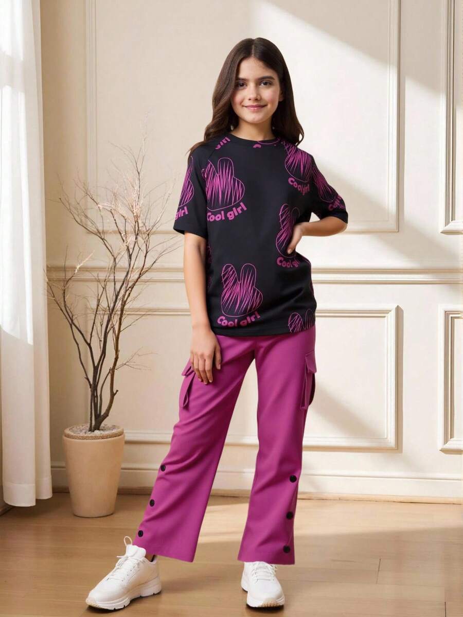 SHEIN Tween Girl Cool Printed T-Shirt & Fashionable 3D Work Pants, Dark Pink - Black - View 1