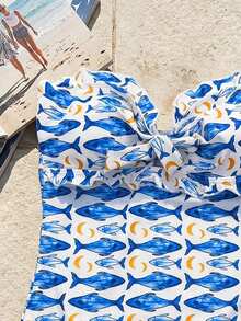 Swim Mod Women's Summer Vacation Fish Print Front Tie Bandeau One-Piece Swimsuit - Multicolor - View 5