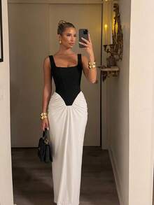 Lumalex Đầm midi thanh lịch, gợi cảm dành cho nữ mùa Xuân/Hè, phối màu đen trắng, kiểu dáng patchwork, cổ yếm, dây mảnh, thắt nơ ở eo, xếp ly ở gấu đầm, ôm sát eo, dáng đuôi cá, thích hợp cho việc đi làm hàng ngày. - Đen và trắng - Xem 7