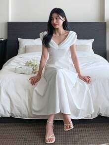 DAZY 女士优雅纯色无袖中长连衣裙，夏季女士连衣裙 - 白色 - 查看 3