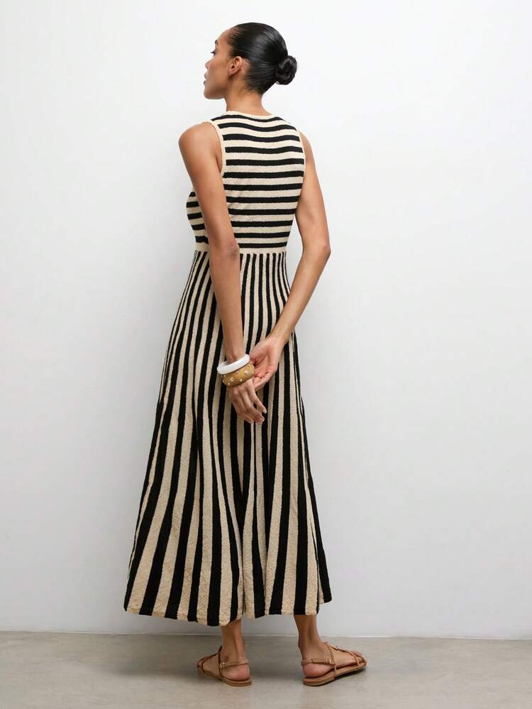 SHEIN Maija Women's Round Neck Sleeveless Striped Casual Knit Sweater Dress,Summer Clothes,Beach Dresses ,Beach Outfit ,Casual Long Dresses ,Summer Holiday Outfits,Vacation Outfits For Women