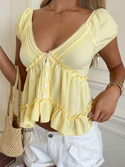 CovetEZ 女士黄色荷叶边单排扣衬衫