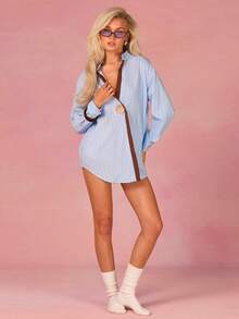 Athîral 女士蓝色条纹拼接棕色金属袖口斜襟长袖长衬衫 - 彩色 - 查看 6