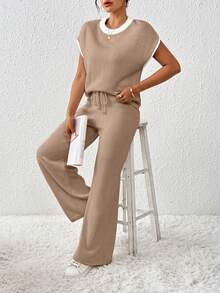 EMERY ROSE Women's Contrast Color Loose Casual Drawstring Knit 2 Pieces Set - Camel - View 6