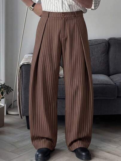 HIMLAND 男士休闲宽松弹力腰筒裤，卡其色纯色，适合夏季、秋季、度假、日常穿着、派对、情侣装，男士礼物，棕色阔腿裤，条纹裤，褶裥裤，男士裤子