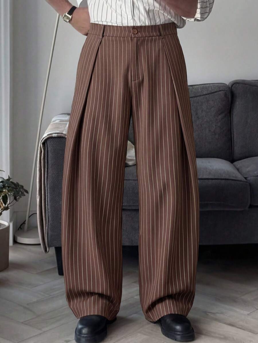 HIMLAND 男士休闲宽松弹力腰筒裤，卡其色纯色，适合夏季、秋季、度假、日常穿着、派对、情侣装，男士礼物，棕色阔腿裤，条纹裤，褶裥裤，男士裤子