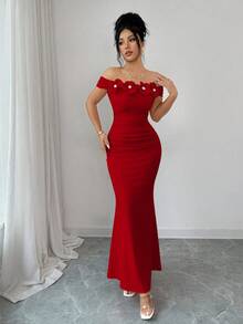 Rafferiza 优雅迷人性感露肩褶皱印花针织紧身连衣裙，适合度假、派对、宴会、春夏穿着。 - 紅色 - 查看 5