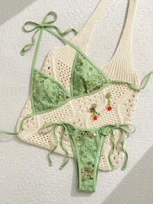 Bonvoyette 夏季新款纯色奢华刺绣亮片闪亮病毒式派对下午茶性感高衩侧系带比基尼两件套泳衣套装（女款） - 橄欖綠 - 查看 5