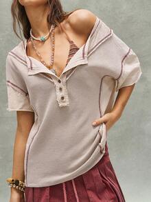 Bohemela Áo thun nữ tay ngắn dệt kim màu trơn, kiểu dáng thường ngày - Màu be - Xem 6