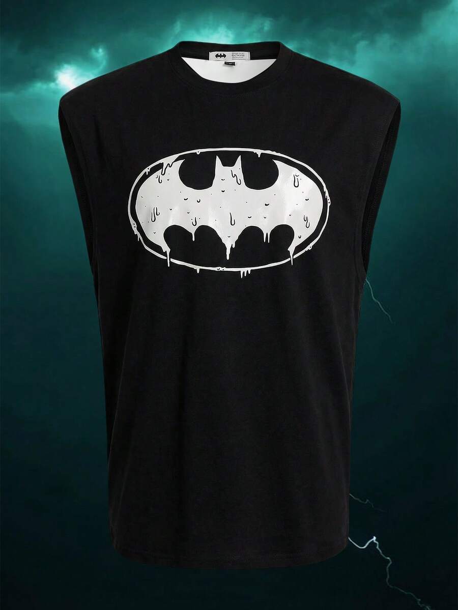 BATMAN X SHEIN 男士蝙蝠印花圆领休闲背心 - 黑色 - 查看 1