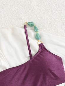 Swim Chiccia Damen Sommer Strand Musik Festival braun glänzender Stoff perlenbesetzter schulterfreier eleganter Bikini-Set - Violett - Übersicht 3