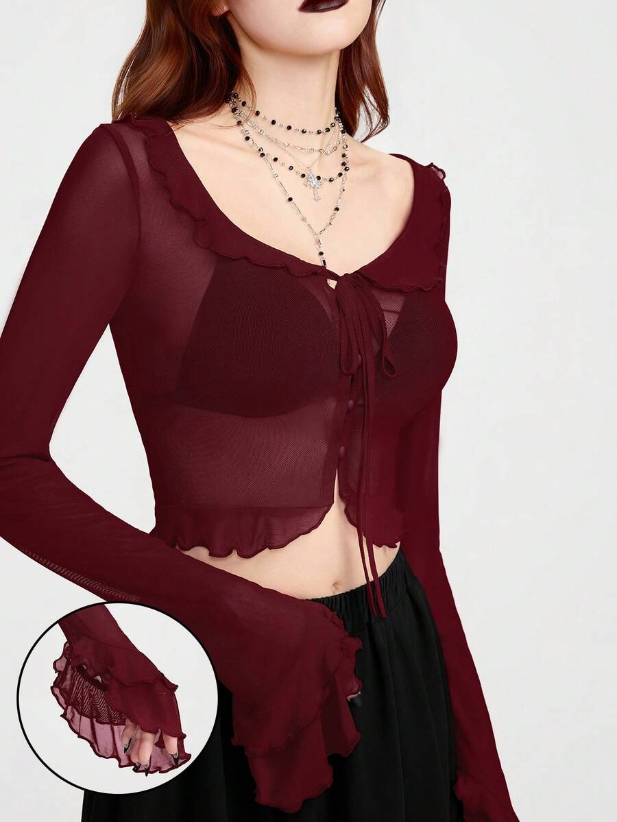 Breakform 女士哥特风性感酒红色网纱半透明荷叶边领拼接喇叭袖纽扣开衫短款上衣 - 酒紅色 - 查看 1