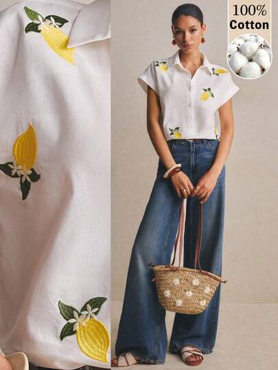 Poéselle Women's 100% Cotton Boxy Shirt Lemon Embroidered – Short-Sleeve Button-Down Summer Blouse Lemon Embroidered Shirt Cotton Summer Blouse Fruit Motif Top Boxy Button Down Women Vacation Linen Look Coastal Cowgirl Outfit Mediterranean Style Shirt Cottagecore Blouse Casual Vacation Lemon Embroidery Shirt Summer Tops Festival Outfits For Women Beach Outfits Beach Vacation Outfits Y2k Country Concert Outfit White Top