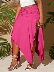 SHEIN SXY Váy xếp ly eo cao, vạt bất đối xứng, xẻ tà cao, gợi cảm dành cho nữ cỡ lớn, bộ sưu tập Xuân/Hè 2025, kiểu dáng thành thị mới, màu xám kaki trơn, thích hợp cho kỳ nghỉ biển, hẹn hò, sinh nhật, tiệc độc thân, dễ thương, thường ngày, đi mua sắm, dạo phố, đi chơi, dễ phối đồ và giúp trông thon gọn, tôn dáng, làm nổi bật vóc dáng. - Màu Hồng Tươi - Xem 7
