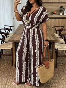 Weeklong Jumpsuit Wanita Leher V dengan Motif Simpul Putar, Jumpsuit Kasual untuk Liburan & Sehari-hari, Musim Semi/Panas - MultiWarna - View 5