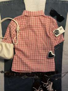 SHEIN 女士休闲复古格子短袖衬衫，Polo领设计，休闲舒适，适合日常穿着、返校季，也可作为礼物送给朋友或搭配服装。 - 彩色 - 查看 2