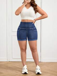 SHEIN CURVE+ Women's Plus Size Denim Shorts,Navy Blue Summer High Waist Stretchy Casual Short Jeans With Pockets,Smart Casual Hiking Chic Y2k Streetwear Shorts - Blue - View 7