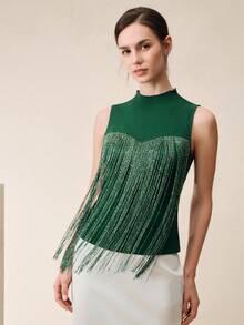 Anewsta Blusa sin mangas de verano para mujer, diseño de lujo retro francés con cuello alto de satén, diseño con flecos, elegante chaleco verde, adecuado para citas, fiestas y uso diario - Verde - Ver 8