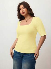 Enliva Áo thun nữ cỡ lớn, dáng ôm, cổ vuông, tay ngắn, co giãn tốt, thân thiện với da, thích hợp cho mùa xuân hè, tôn dáng người tròn trịa, phù hợp với dáng người quả táo/2026/Năm mới - Màu vàng - Xem 4