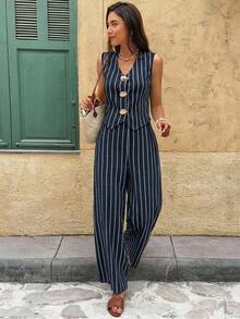 女士夏季休闲通勤条纹前开襟衬衫和裤子两件套 - 藏蓝色 - 查看 4