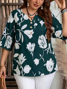 EMERY ROSE Plus Size Women's Summer Casual Vacation Country Green Floral Print V-Neck Casual Versatile Daily Wear Blouse Top Shirt,Summer Outfits For Women ,Vacation Outfits Women ,Holiday Outfits For Women,Going Out Outfits,2026 New Clothes,Simple And Fashionable For Everyday Wear,Suitable For Summer, Vacation, Daily Wear, Festival Outfits For Women,Country Concert Outfit,Beach Outfits For Women,Western Style,Going Out Tops - Dark Green - View 6