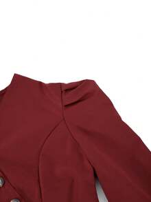 SHEIN Tween Girls 2pcs/Set Red Fall Outfit Matching Family V-Neck Puff Sleeve Button-Up Cropped Top Wide-Leg Pants Elegant 80s Western Cute School Cheer - Burgundy - View 5
