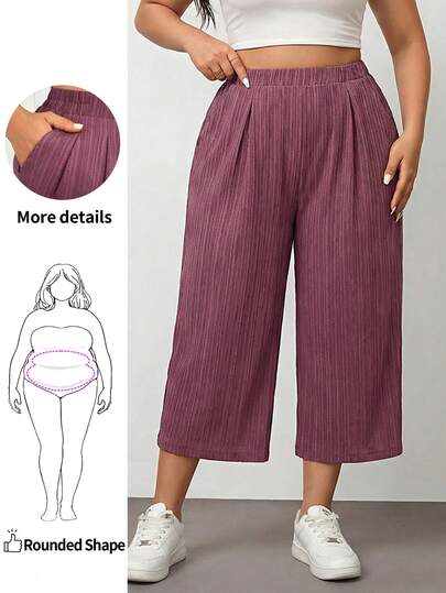 Enliva Plus Size Women's Spring And Summer Fashion Casual Loose Comfortable Cool Daily Basic Versatile Texture Fabric Elastic Waist Pink Wide Leg Pants Cropped Pants,Women Bottom,Flowy Pants,Simlpe Style,European Summer,Capri,Vacation Outfits Woman Baggy